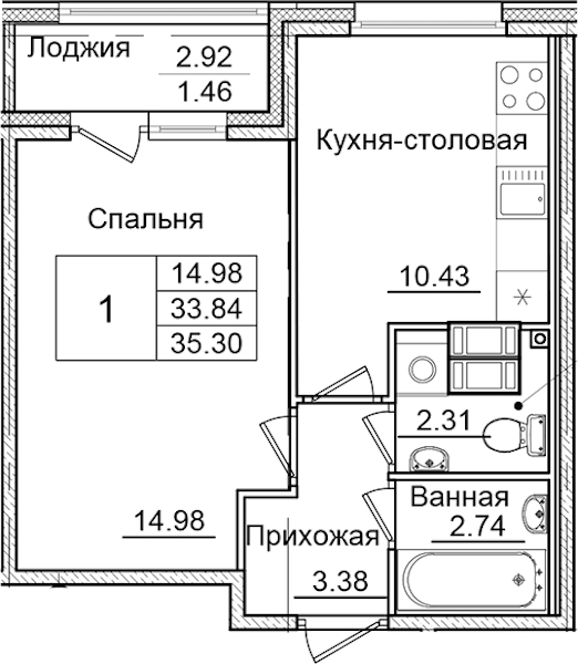 1-комнатная квартира 35.3 м², 6/9 эт., ЖК «Квартал Заречье»